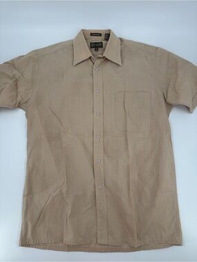 Fernando Pena Short Sleeve Tan Button-Up Shirt Size M 15.5 100% Cotton